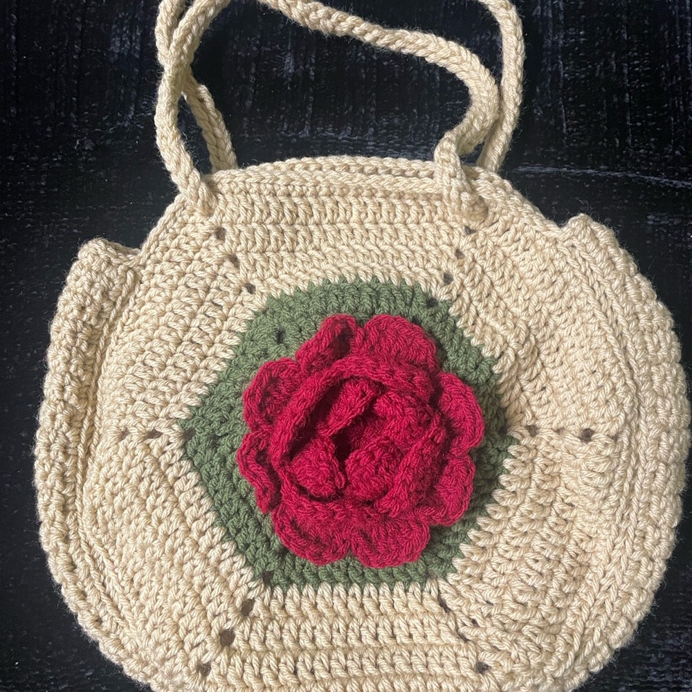 Handcrafted Beige Crochet Bag with Red flower on both sides of purse 13x12.5